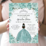 Turquoise Green Floral Princess Silver Quinceañera Invitation<br><div class="desc">This chic Quinceañera invitation features a quince girl dressed in a glittery turquoise green dress and pretty watercolor turquoise floral. Personalise it with your details easily and quickly, simply press the customise it button to further re-arrange and format the style and placement of the text. Also great for Sweet 16,...</div>