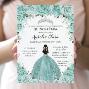 Turquoise Green Floral Princess Silver Quinceañera Invitation