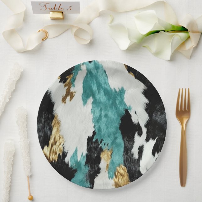 Turquoise Green Gold Black Cowhide Wedding Paper Plate (Wedding)