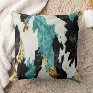 Turquoise Green Gold Black White Cowhide Cushion