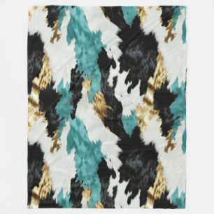 Turquoise Green Gold Black White Cowhide Fleece Blanket