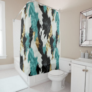 Turquoise Green Gold Black White Cowhide Shower Curtain