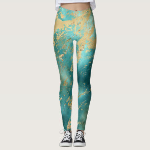  Turquoise Green Gold Marble Abstract Modern  Leggings