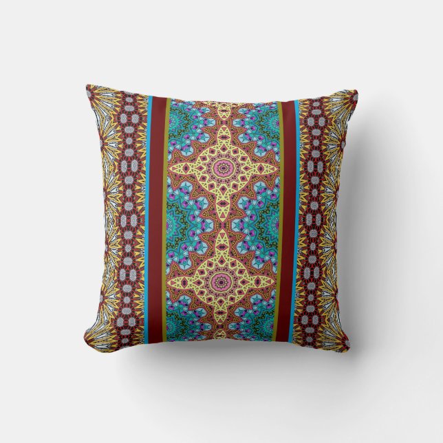Turquoise Green Gold Rust Boho Cushion (Front)