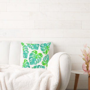 Turquoise Green Monstera Leaf Pattern Cushion