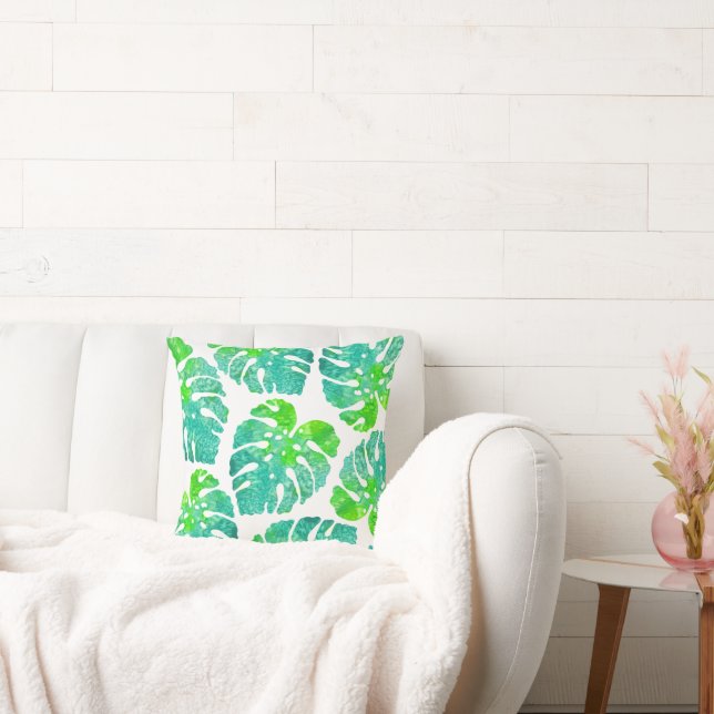 Turquoise Green Monstera Leaf Pattern Cushion (Couch)