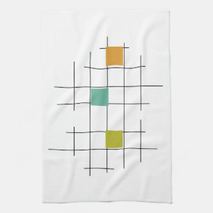 Turquoise Green Orange Squares Lines Mid Century Tea Towel