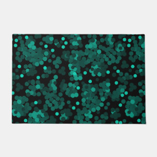 Turquoise green polka dot pattern on black doormat