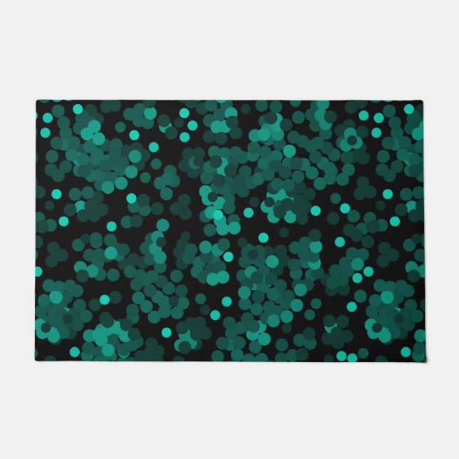 Turquoise green polka dot pattern on black doormat (Front)