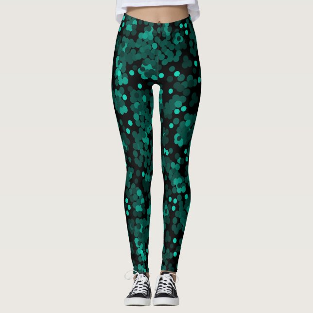 Turquoise green polka dot pattern on black leggings (Front)