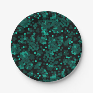 Turquoise green polka dot pattern on black paper plate