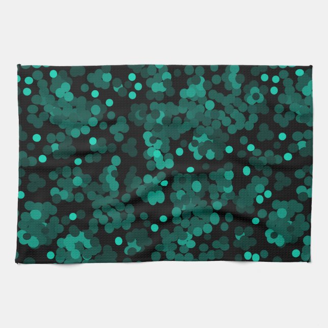 Turquoise green polka dot pattern on black tea towel (Horizontal)