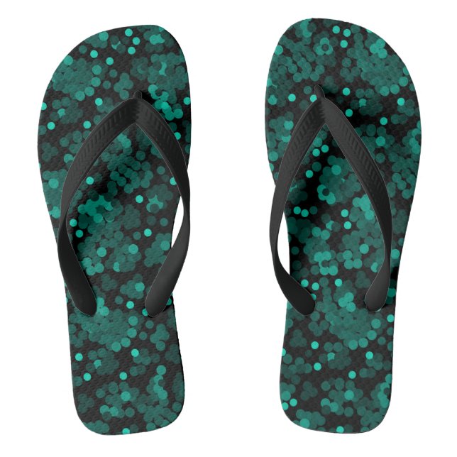 Turquoise green polka dot pattern on black thongs (Footbed)