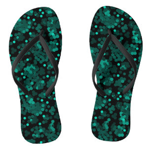 Turquoise green polka dot pattern on black thongs