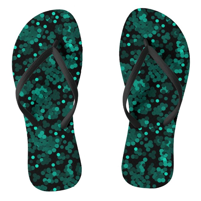 Turquoise green polka dot pattern on black thongs (Footbed)