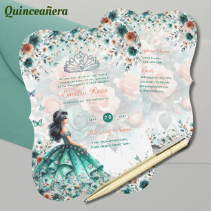 Turquoise Green Quinceanera Dress Floral Butterfly Invitation