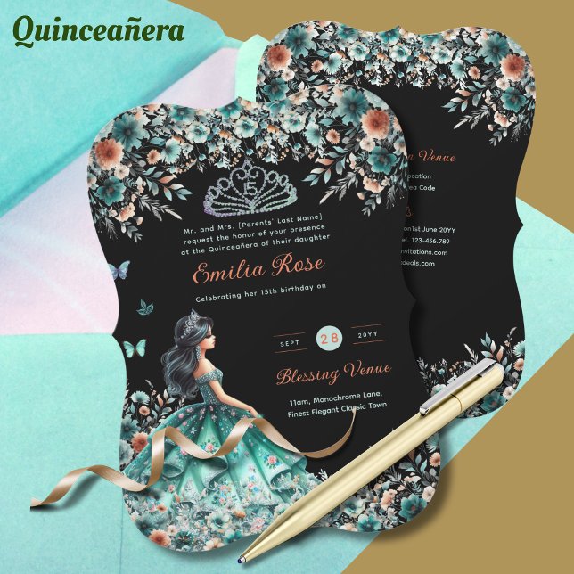 Turquoise Green Quinceanera Dress Floral Butterfly Invitation (Creator Uploaded)
