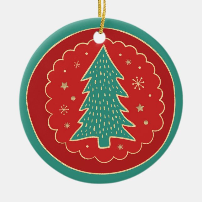 Turquoise Green Red Gold Christmas Tree Ceramic Ornament (Front)