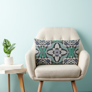 Turquoise Green Teal Blue Hip Bohemian Bali Art Lumbar Cushion