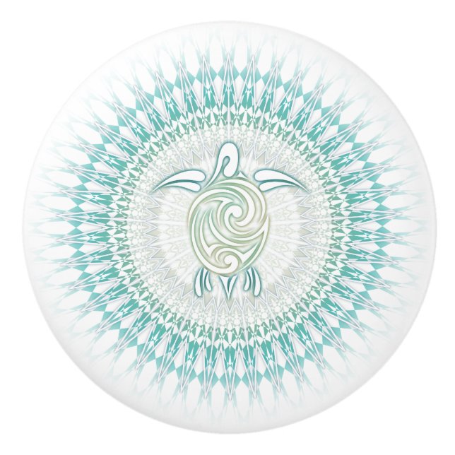 Turquoise Green Turtle And Mandala Nautical Ceramic Knob (Front)