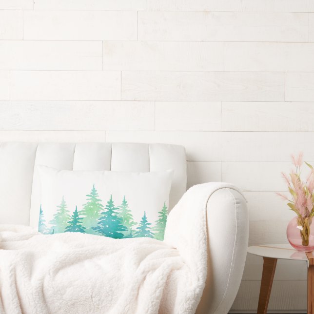 Turquoise Green Watercolor Evergreen Trees  Lumbar Cushion (Couch)
