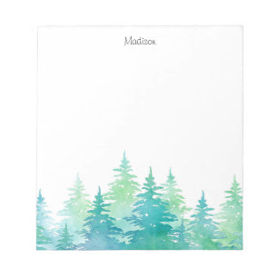 Turquoise Green Watercolor Evergreen Trees Notepad