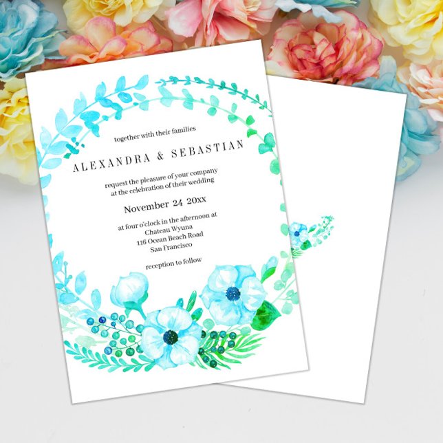Turquoise Green Watercolor Floral Wedding Invitation (Creator Uploaded)