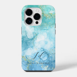 Turquoise Green watercolor Glitter Customisable iPhone 14 Pro Case