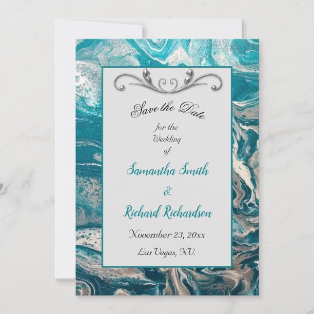 Turquoise Grey Abstract Save the Date (Front)