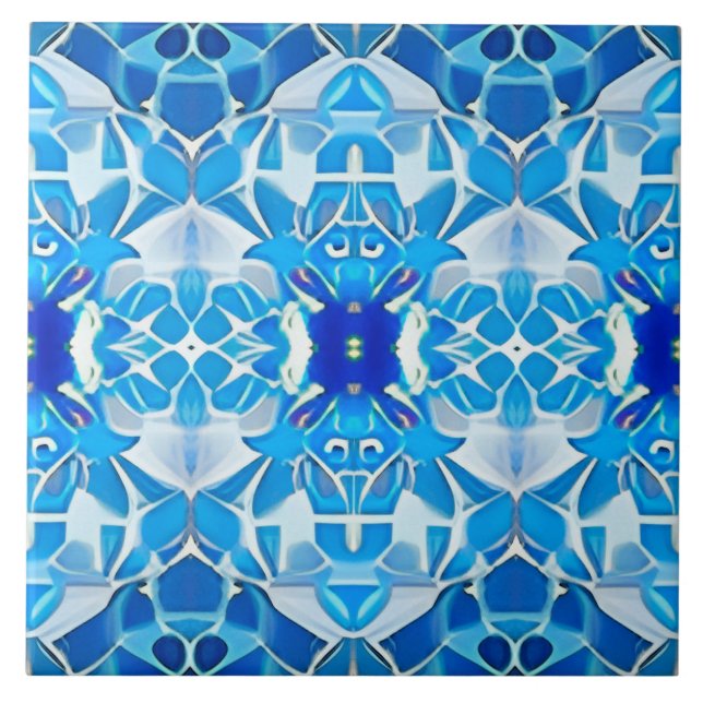 Turquoise, Grey and Cobalt Blue Pattern  Ceramic Tile (Front)