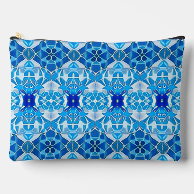 Turquoise, Grey and Cobalt Blue Tile Pattern Accessory Pouch (Front)