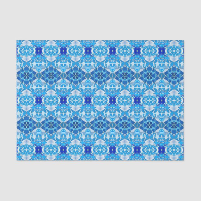 Turquoise, Grey and Cobalt Blue Tile Pattern Tissue Paper (Front)