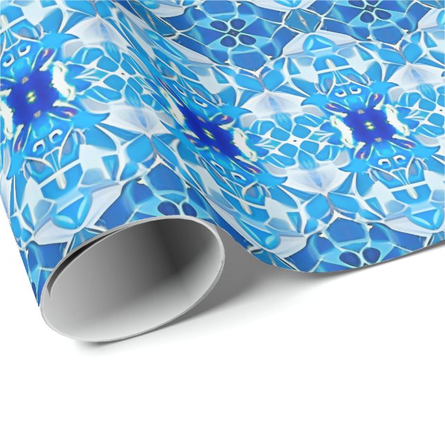 Turquoise, Grey and Cobalt Blue Tile Pattern Wrapping Paper (Roll Corner)