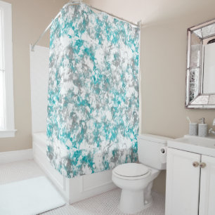 Turquoise grey and white abstract shower curtain