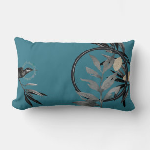 Turquoise & Grey Artistic Watercolor Leaves Lumbar Cushion