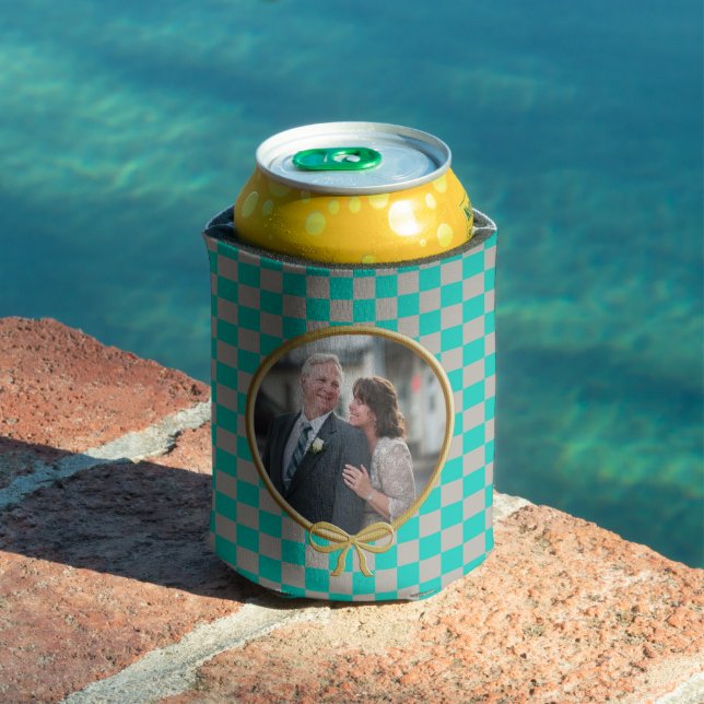 Turquoise Grey Checks & Photo Can Cooler (In Situ Pool)