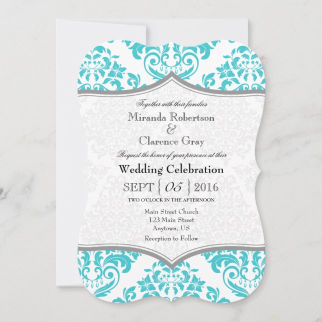 Turquoise Grey Damask Bracket Wedding Invite (Front)