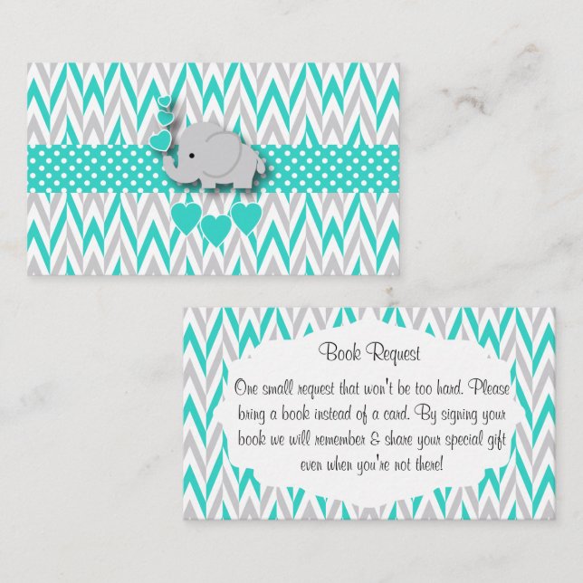 Turquoise & Grey Elephant Baby Shower Book Request Enclosure Card (Front/Back)