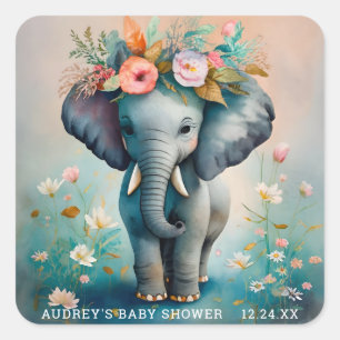 Turquoise Grey Elephant Baby Shower Stickers