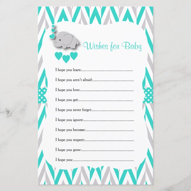 Turquoise & Grey Elephant Baby Shower - Wishes (Front)