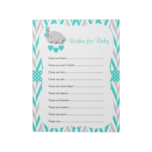Turquoise & Grey Elephant Baby Shower - Wishes Notepad (Rotated)