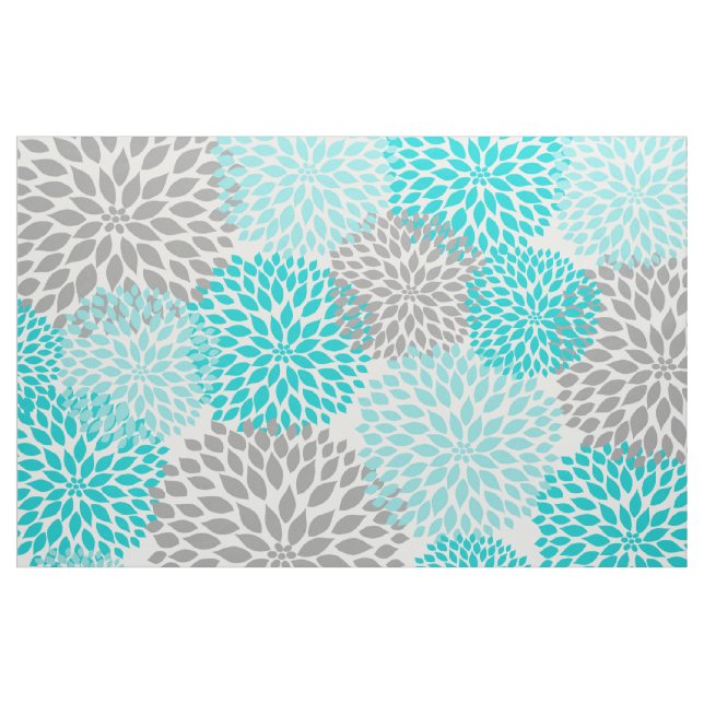 Turquoise Grey Modern Dahlia floral print Fabric (Yard)