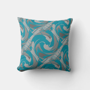 Turquoise Grey Shades Charcoal Diagonal Art Twirls Cushion