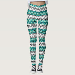 Turquoise Grey White Chevron Pattern Burlap Look Leggings