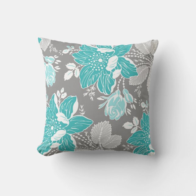 Turquoise Grey White Floral Decorative Pillow (Front)