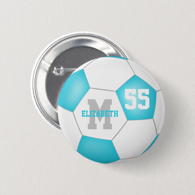 turquoise grey white girls soccer personalised 6 cm round badge (Front & Back)