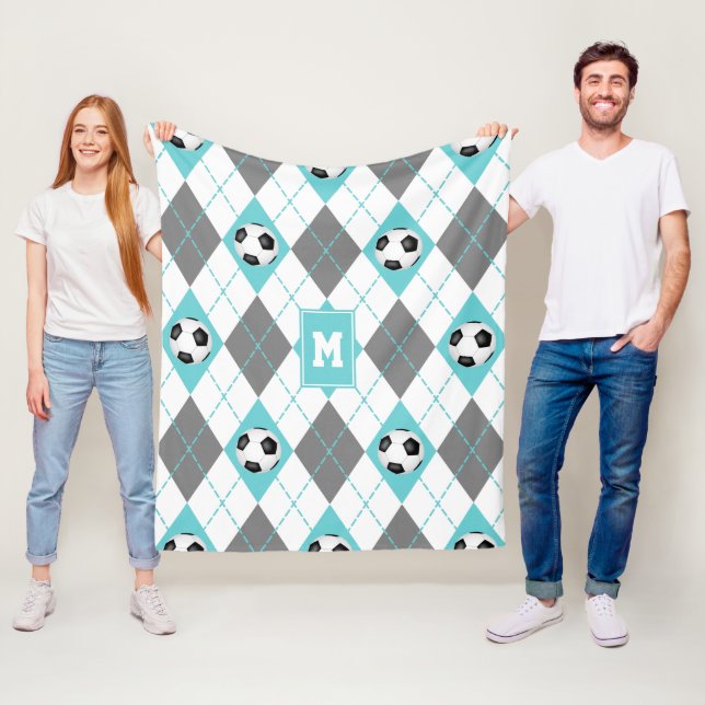 turquoise grey white soccer themed argyle pattern fleece blanket (In Situ)