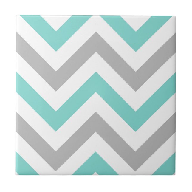 Turquoise, Grey, Wht Large Chevron ZigZag Pattern Ceramic Tile (Front)