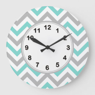 Turquoise, Grey, Wht Large Chevron ZigZag Pattern Large Clock