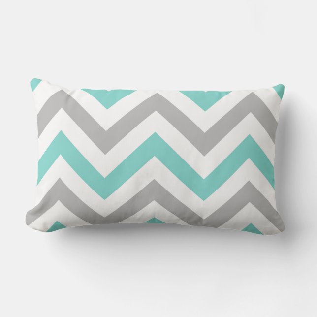 Turquoise, Grey, Wht Large Chevron ZigZag Pattern Lumbar Cushion (Front)